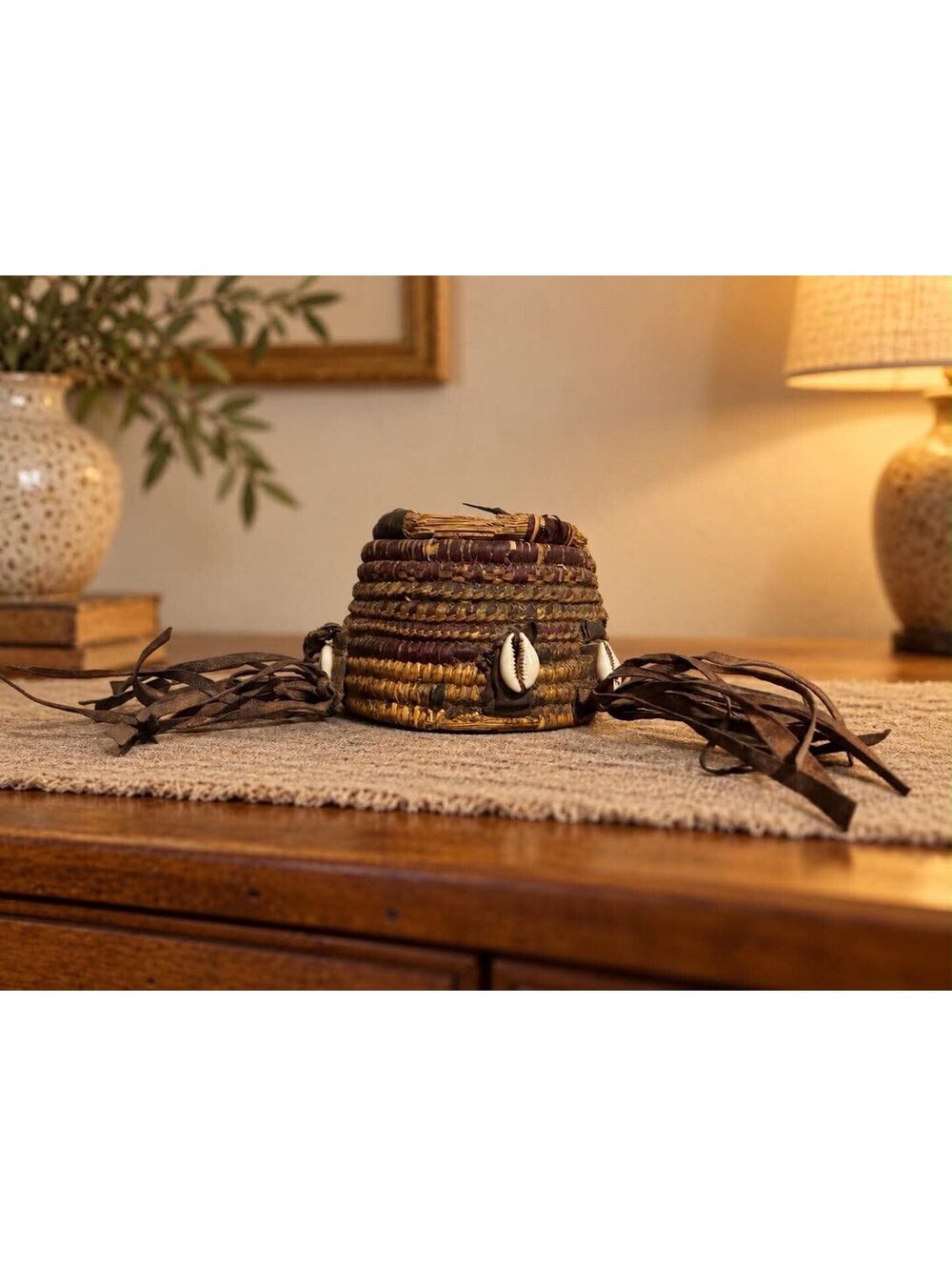 Woven Lidded Basket with Cowrie Shells & Leather Fringe